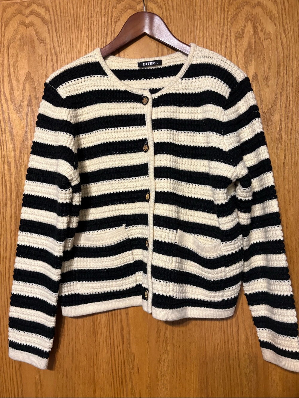 BTFBM Striped Knit Cardigan Sweater - Black & Cream